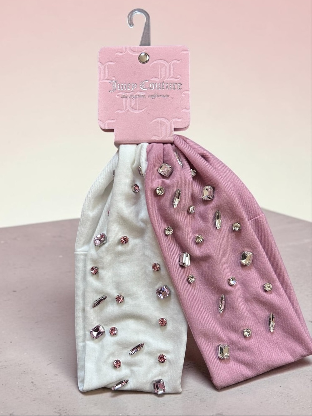 Juicy Couture 2-Pack Jeweled Elastic Headband Set. Pink & White.